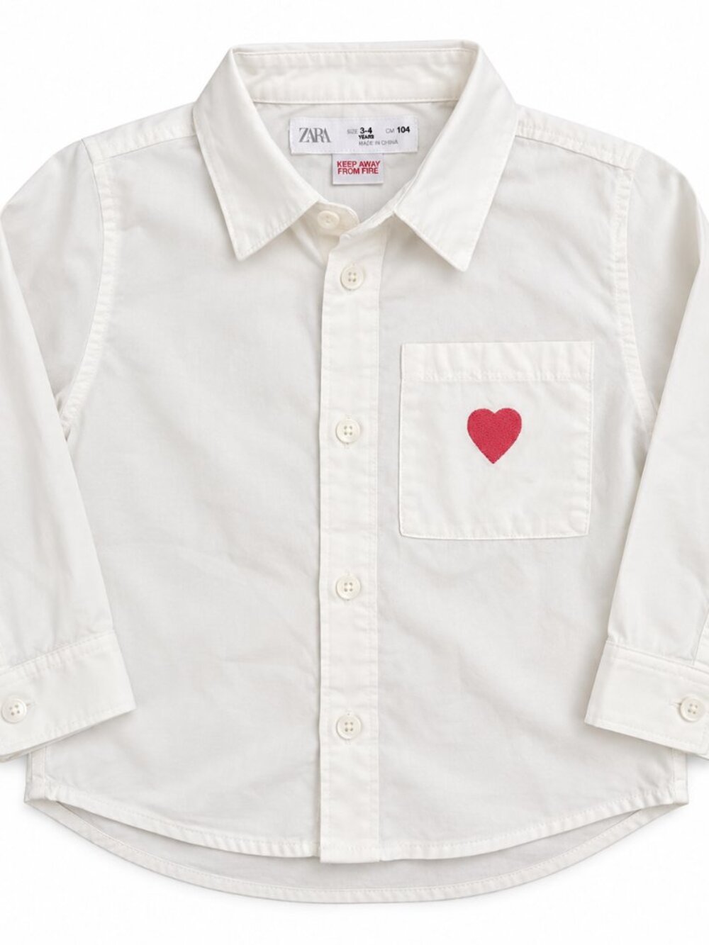 Zara Kids White Button-Down Shirt with Pink Heart – Size 3–4Y